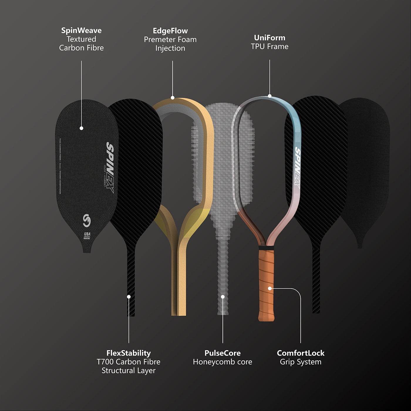 Spinex FLEX Hybrid Broome — T700 Carbon Pickleball Paddle