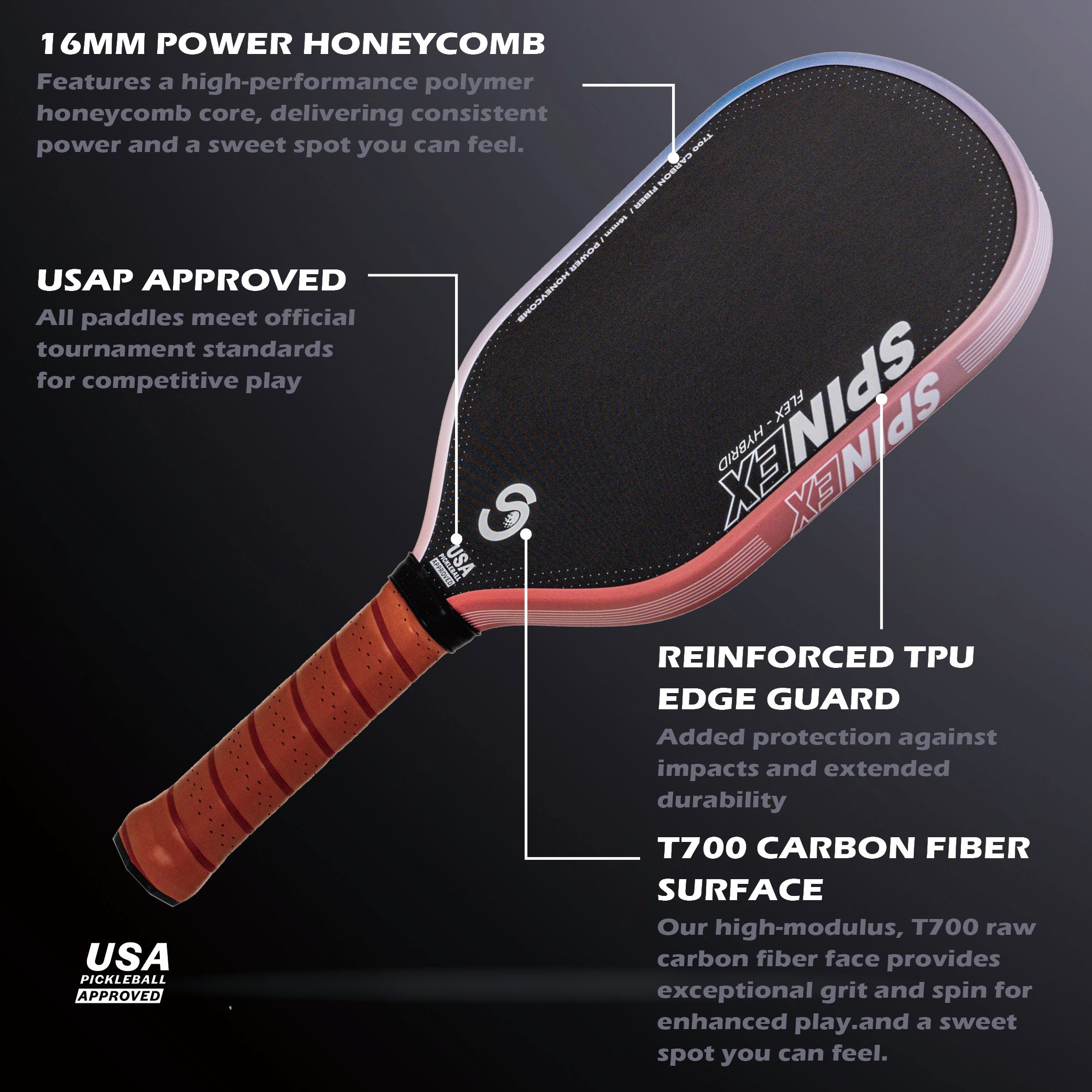 Spinex FLEX Hybrid Broome — T700 Carbon Pickleball Paddle