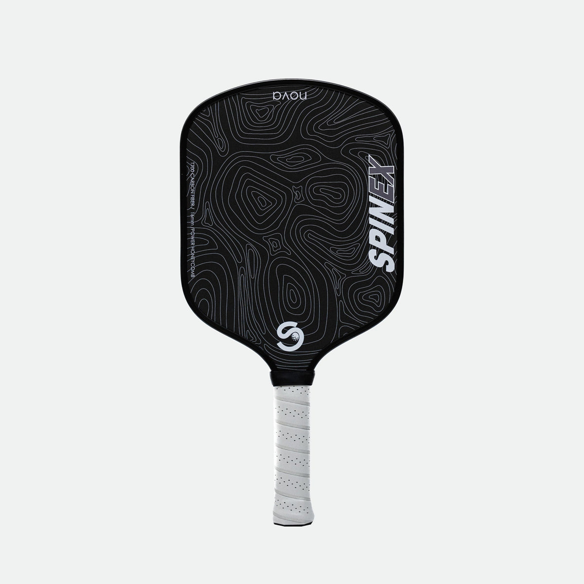 Spinex NOVA Outback Black pickleball paddle, front view, black T700 carbon face with contour graphic