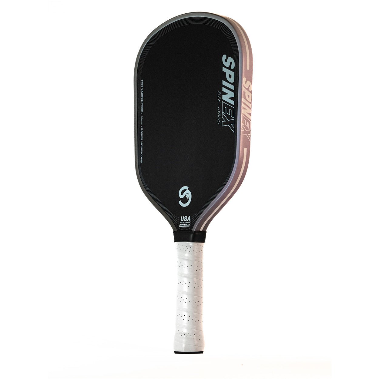 Spinex FLEX Hybrid Iron pickleball paddle showing its 16mm thermoformed core and T700 carbon fibre face