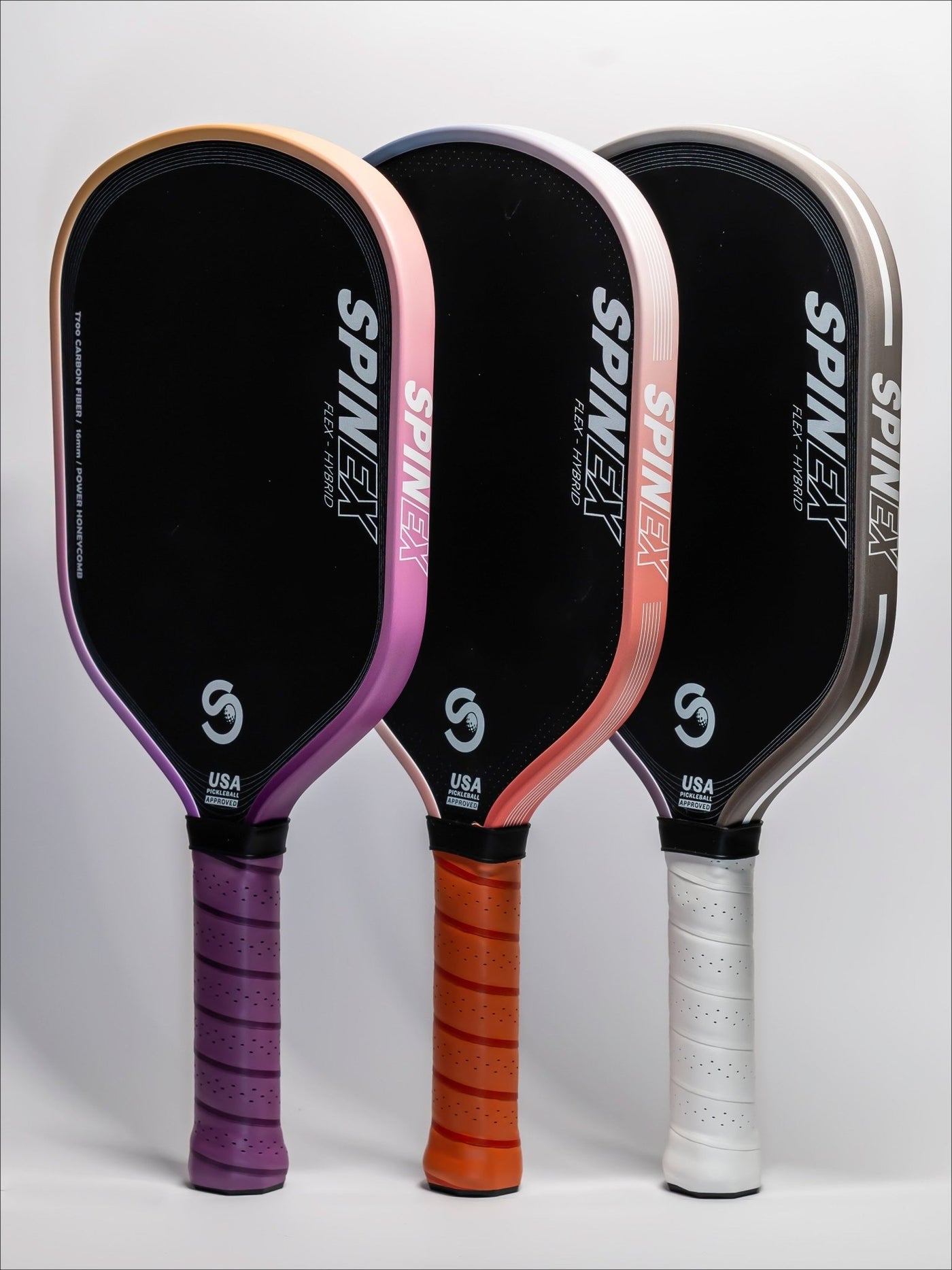 Spinex FLEX Hybrid pickleball paddle in three colourways - Storm, Iron, and Broome