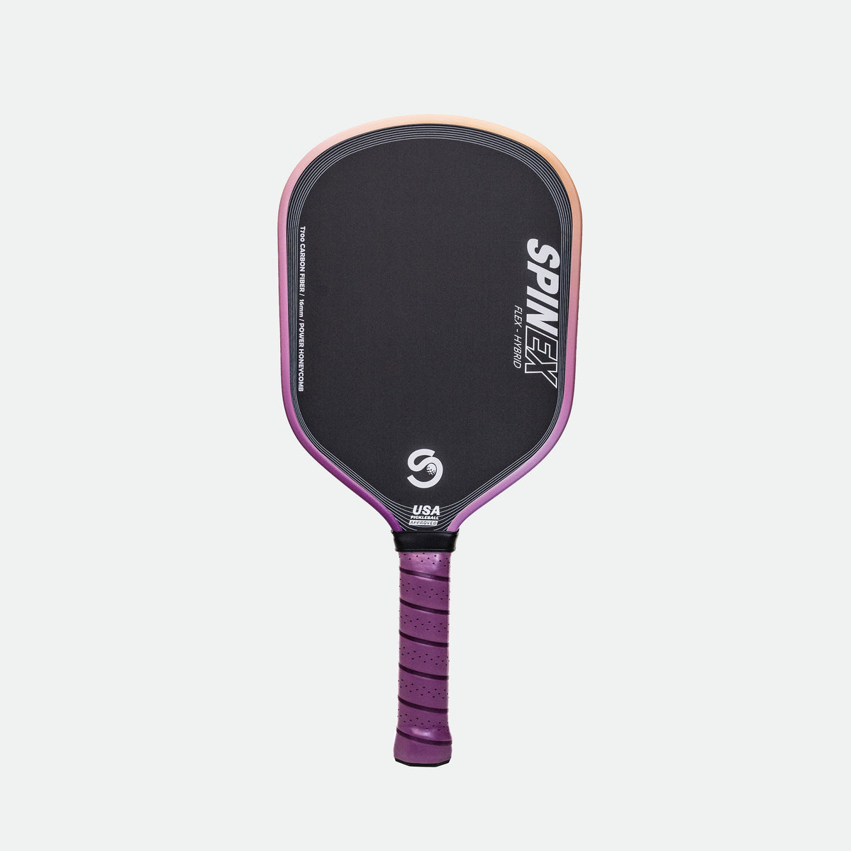 Spinex FLEX Hybrid pickleball paddle in the Storm colourway, purple edge guard and grip