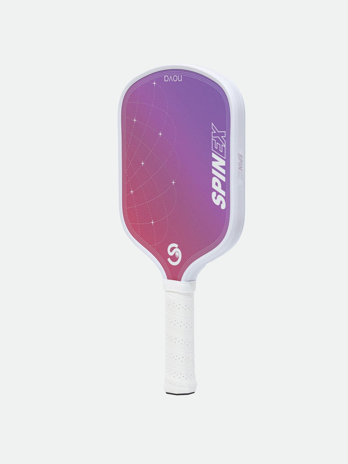 Spinex NOVA Pink Stellar pickleball paddle angled view showing the white edge frame