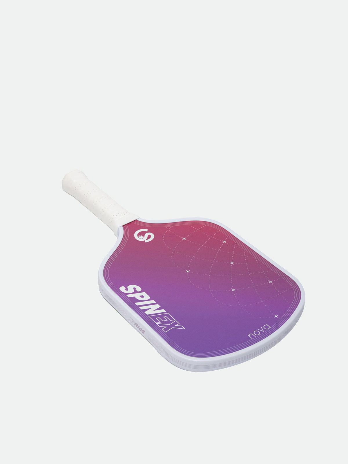 Spinex NOVA Pink Stellar pickleball paddle three quarter view with white grip detail