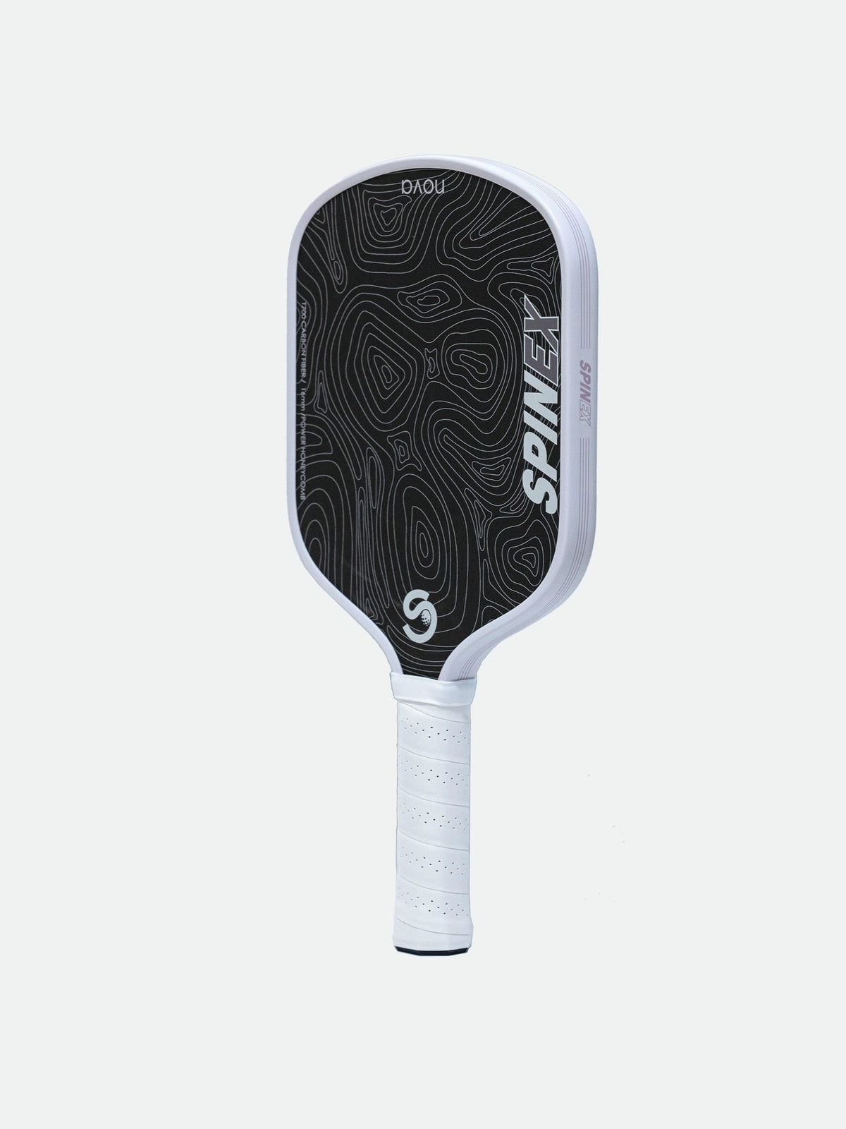 Spinex NOVA Salt Lagoon pickleball paddle angled view showing the white frame and white grip