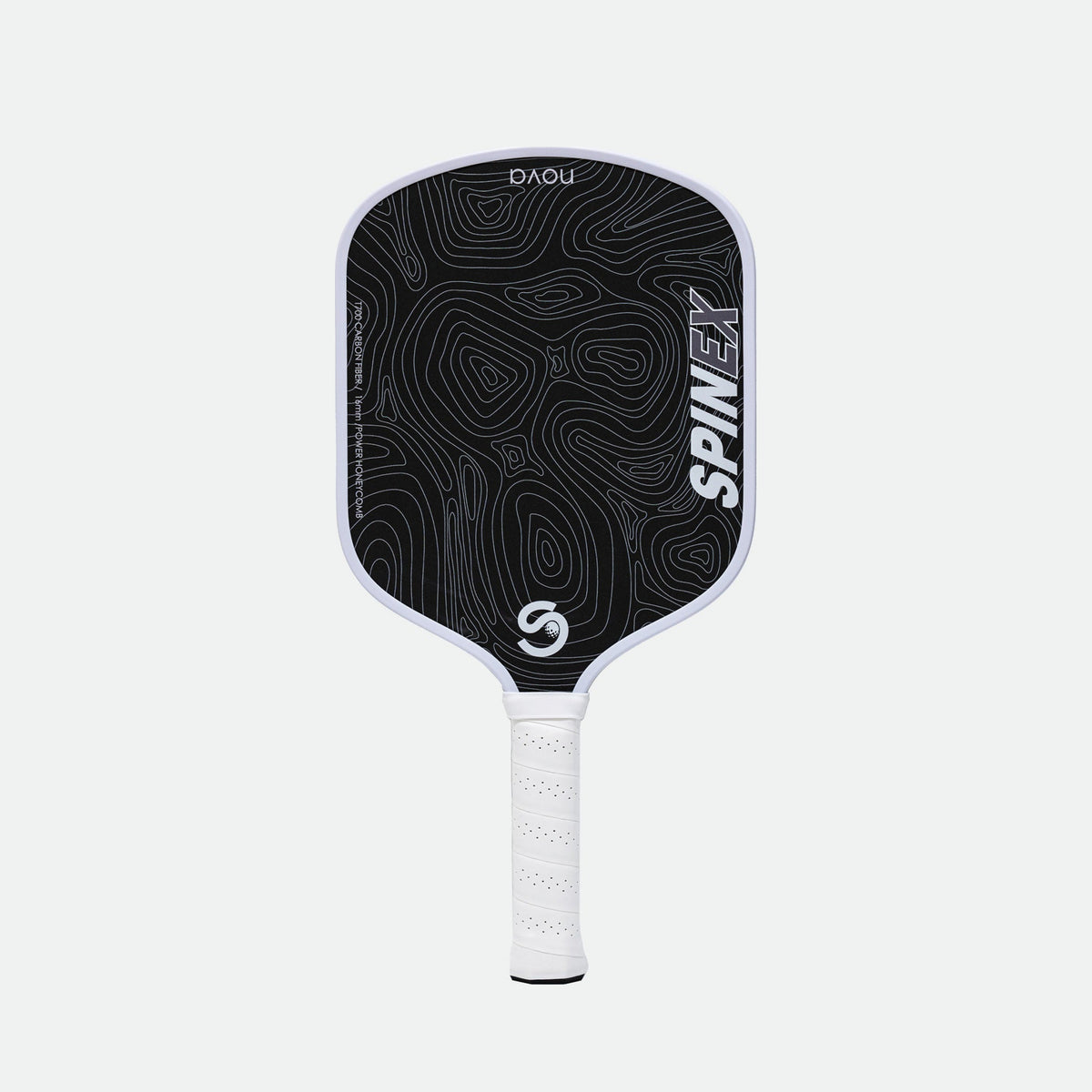 Spinex NOVA Salt Lagoon pickleball paddle, front view, black carbon face with white edge frame